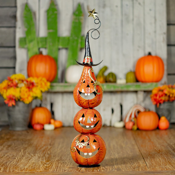 31in. Tall Funny Metal Jack-O-Lantern Totem Tower Halloween Decoration