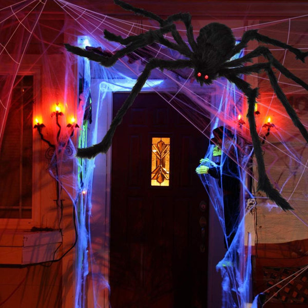 200″ Halloween Spider Web + 59″ Giant Spider Decorations Fake Spiders With Triangular Huge Spiders Web For Indoor Outdoor Halloween Decorations Yard Home Costumes Parties Haunted House Décor