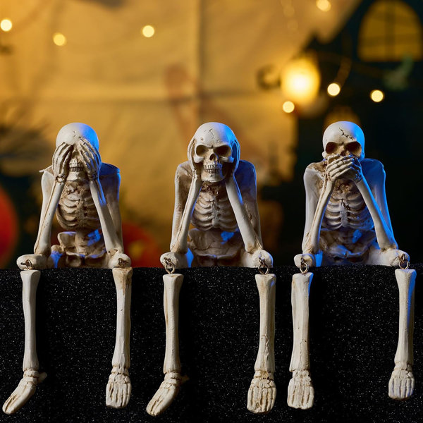 Halloween Decorations Indoor Skeleton Statues See Speak Hear No Evil Figurines For Mantel Table – Realistic Resin Skull Spooky Gothic Home Decor Set Of 3