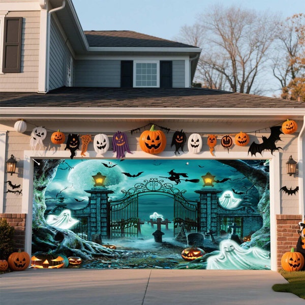 7X16ft Halloween Garage Door Cover,Halloween Garage Door Decorations Horror Graveyard Scene Spooky Pumpkin Full Moon Garage Door Banner Decorations Photo Studio Props