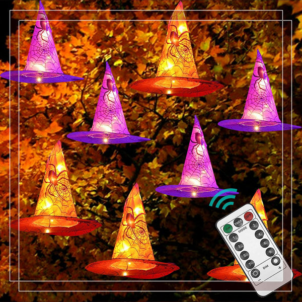 Halloween Hanging Witch Hat Lights – 16Ft Length, 8 Lighting Modes (Remote Control), Waterproof Battery-Powered, Indoor Outdoor Party Decor
