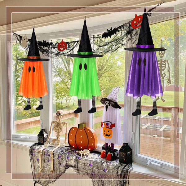 Halloween Light-Up Hanging Ghost Set (3 Pcs) – Bright 3-Color Design, Customizable Eyes, Battery String Lights For Front Door Walkway Decor