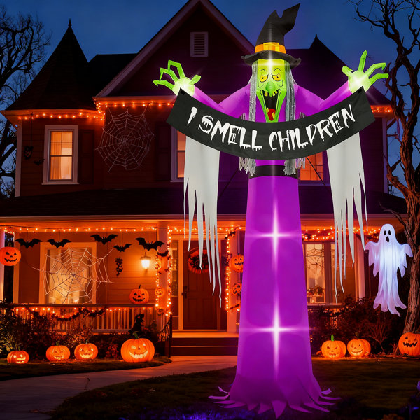 13FT Halloween Outdoor Inflatables, Scary Blow Up Witch Holding I Smell Children Banner, Pre-Lit Witch Inflatables Decor, Giant Halloween Outdoor Decorations For Party Garden Lawn