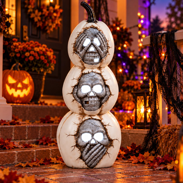 25.9” Halloween Decoration Outdoor Skeleton Pumpkin Totem with LED Lights Battery Powered Outdoor Halloween Decor for Porch Garden Lawn Indoor Display