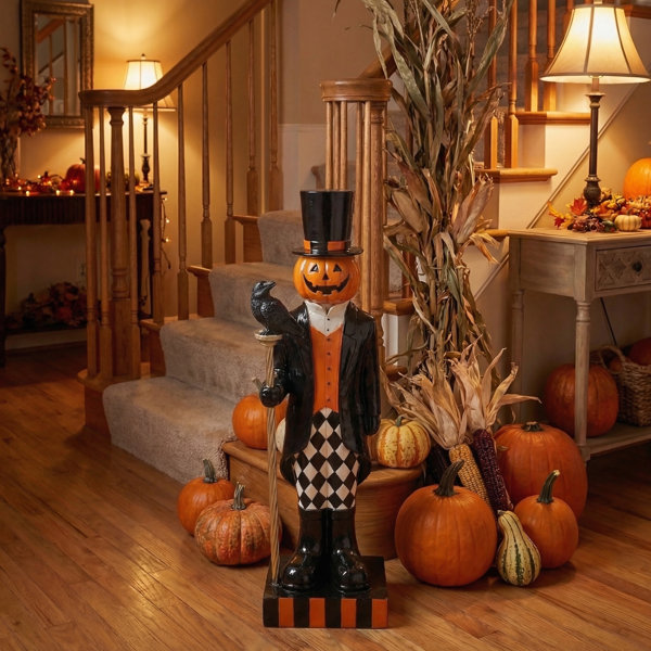 33″ Mgo Pumpkin Man With Staff and Crow
