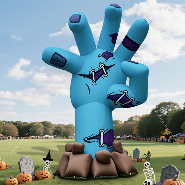 Wellcomer 20Ft Giant Halloween Inflatable Zombie Hand with Blower, Blow Up Holiday Decor Zombie Hand with Rock Base for Yard Lawn & Party