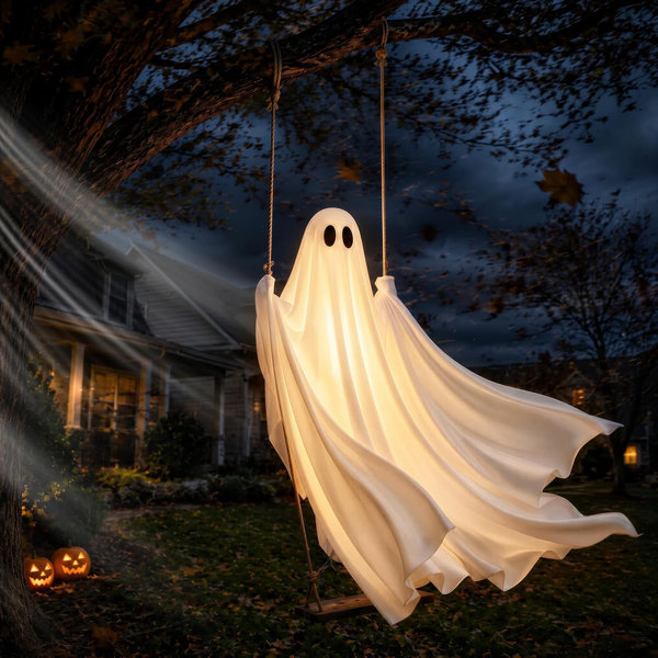 Halloween Decorations Outdoor, 4.6FT Large Pre‑Assembled Hanging Swing Ghost with Remote Waterproof Lights, Adjustable Sturdy Hanging Ghost for Porch Tree Yard Entryway Halloween Party Decor
