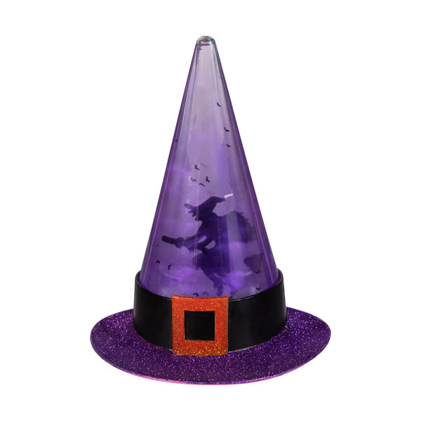 Haunted House LED Table Decor Plastic Water Lantern Rotating Witch Hat, 9.75″H