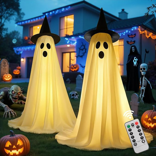 2 Pack Ghost Halloween Decorations Outdoor 88″ with Witch Hat, LED Light-Up Fabric Ghosts, Remote Control, Water Bladder Stability Base for Yard, Porch, Garden Decor