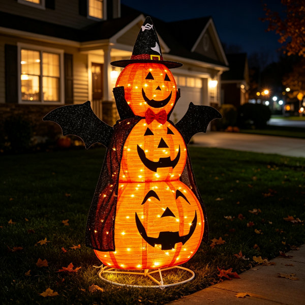 Lighted Stacked Pumpkin Halloween Decoration, Pre‑Lit 3‑Tier Pumpkin Man with Witch Hat, Bat Wings & Cape, Collapsible Outdoor Yard Holiday Decor