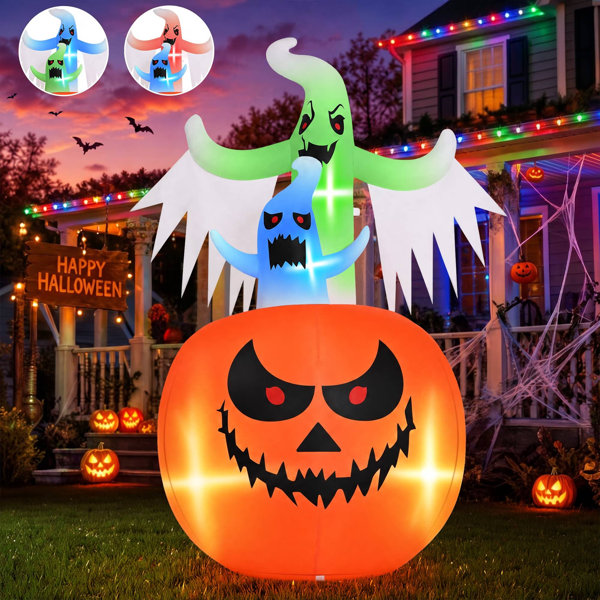 6ft Inflatable Ghost Pumpkin with Flashing LED Lights – Outdoor Halloween Decor