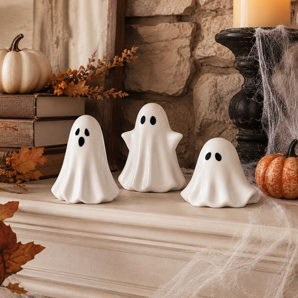 3 Piece Ceramic Halloween Ghost Figurine Set for Farmhouse Decor