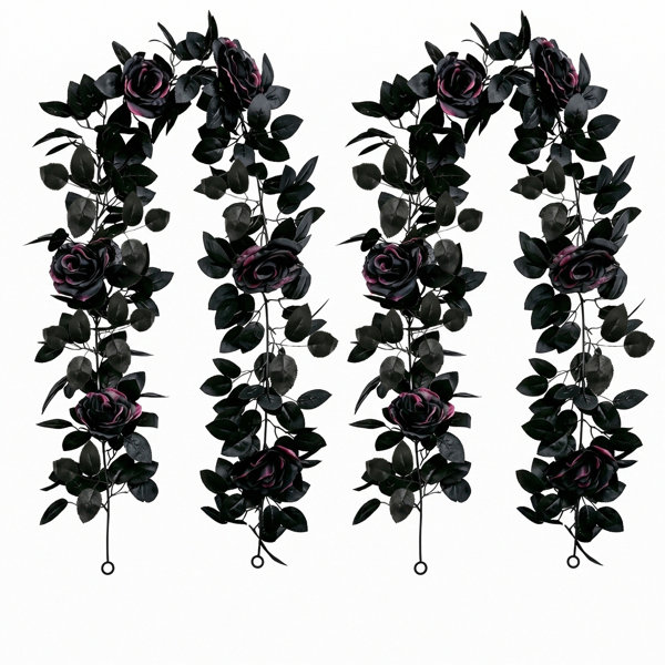 2 Pcs Halloween Artificial Black‑Purple Rose Garland, 68.9 Inch Fake Hanging Vine with Black Leaves, Gothic Floral Ivy for Wall, Arch, Haunted House, Halloween Party Decor
