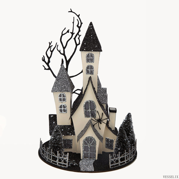 Cardboard Lighted Haunted House, Black and Beige Tabletop Halloween Decor, 10×8.3×13.5 Inch, Battery Powered