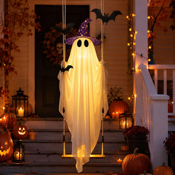 11 FT Hanging Swing Ghost Halloween Decor with Lights, Hat & Bats