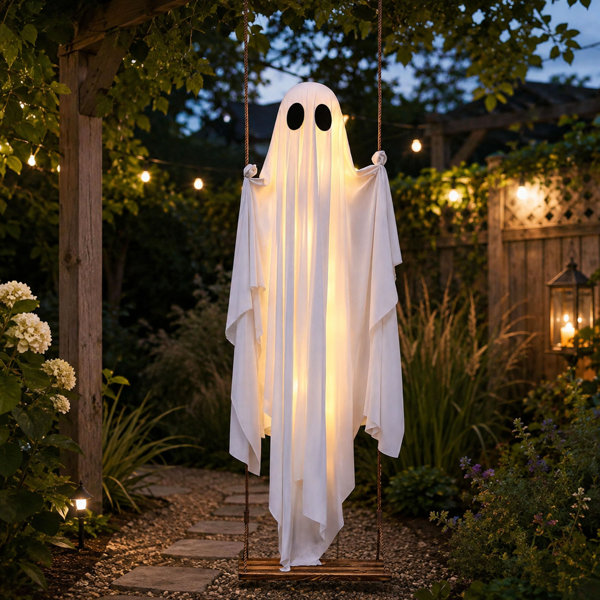 5 Ft Hanging Swing Ghost, String Lights and Adjustable Height