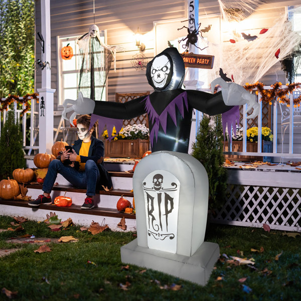 6FT Lighted Halloween Inflatable Grim Reaper & Grave with 3 LED Lights, 6 Ft Outdoor Yard Decoration
