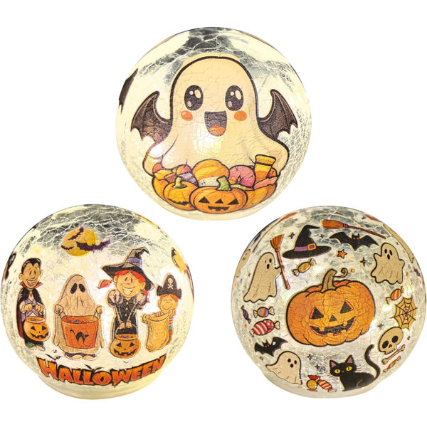 3 Pack Halloween Desktop Decorative Lights, Interior Decorations, LED Cracked Glass Ball Lights with Timer (White Elf)
