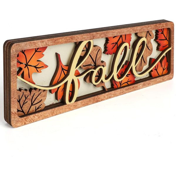 Vintage Fall Leaves Decorations for Office, Home, Table, Mantel, Shelf, Desk, 4 x 12 Inch Retro Autumn Sign, Wooden Happy Fall Decor Sign, Farmhouse Orange Decoration (Leaf)