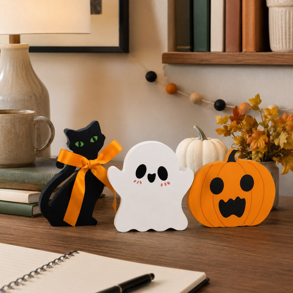 3 Piece Wooden Halloween Tabletop Decor Set with Cat, Pumpkin, and Ghost