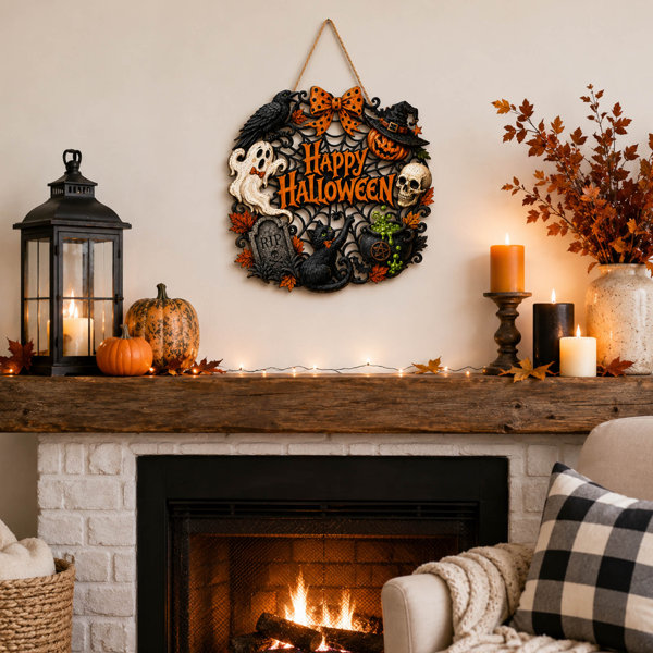 Wooden Black Cat and Pumpkin Halloween Door Wreath for Indoor/Outdoor Decor