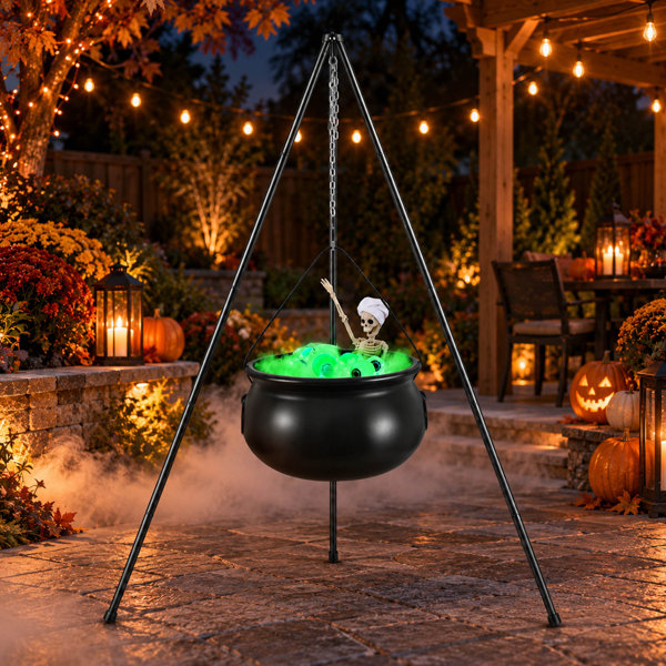 52” Light-Up Halloween Witch Cauldron with Skeleton, Eyeballs, and Tripod