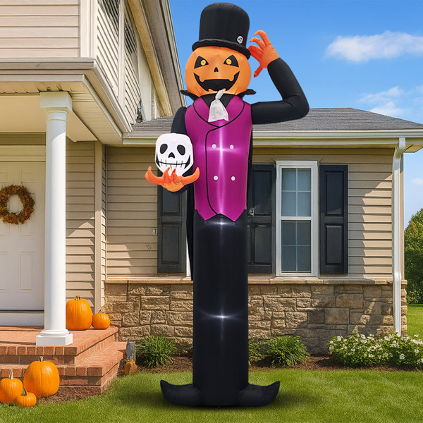 12FT Halloween Inflatable Pumpkin Man Holding Skull, Giant Outdoor Blow-Up Decoration with 5 White LED Lights, Built-In Fan, Stakes & Ropes for Yard, Lawn, Garden, Patio and Party