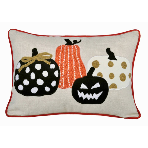 Halloween Pumpkin Embroidered Throw Pillow – Spooky Polka Dot Linen Cushion
