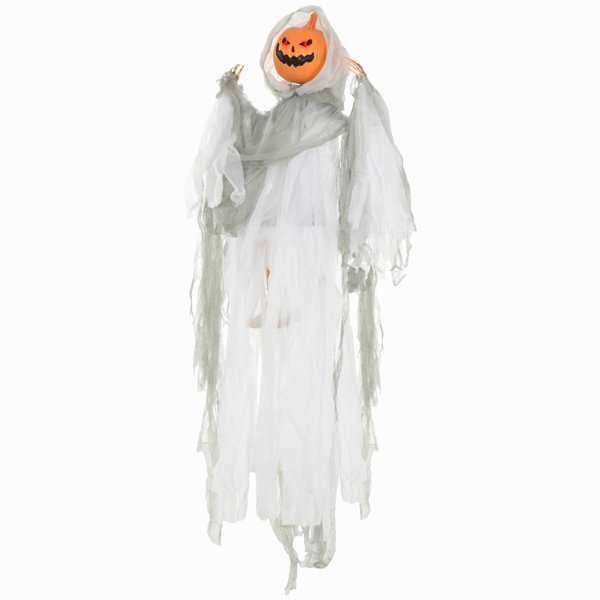 Outdoor Halloween Hanging Pumpkin Ghost w/ Light Up Eyes, Sound Activated Prop w/ Creepy Howling Sounds