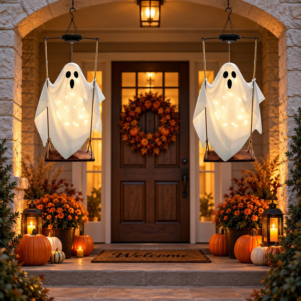 Solar Hanging Ghost Swing Decorations, 2 Pack LED Halloween Outdoor Yard Decor