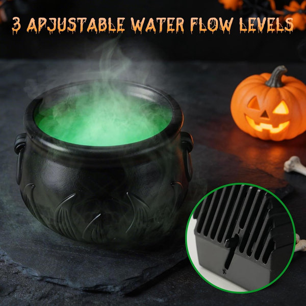 Halloween Floating Potion Cauldron Set with Green Mist Maker and 3-Speed Water Pump, DIY Levitating Potion Bottle Witch’s Cauldron with Eerie Green Glow, Splash-Proof, 16.5 in. Indoor Tabletop Decor for Mantel, Dining Table, Halloween Party