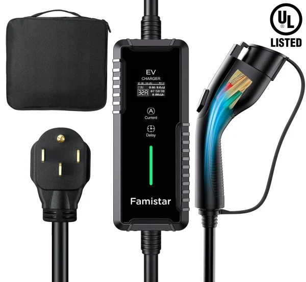 Level 2 & Level 1 EV Charger, 16Amp 110-240V Portable J1772 Electric Car Charger with Adjustable Amp Delayed Timer 25ft Long Cord