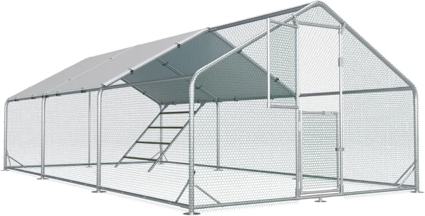 Metal Chicken Run With Feeding Door, Anti-UV Cover And Perch - 6-5x10-ft, 13x10-ft, 20x10-ft Or 26x10-ft